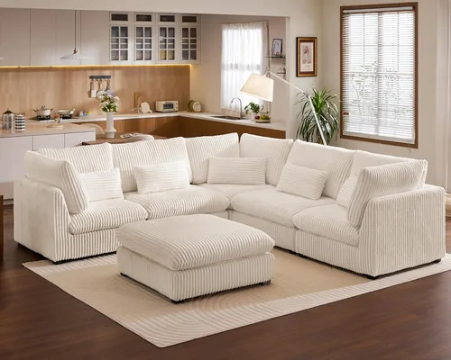 Vista 30 de Sofá Modular de Tamaño Grande, Sofá Seccional de Chenilla Cloud Extra Profundo con Chaise Otomana, Sofá Cama de Chenilla Esponjosa de 5 Asientos