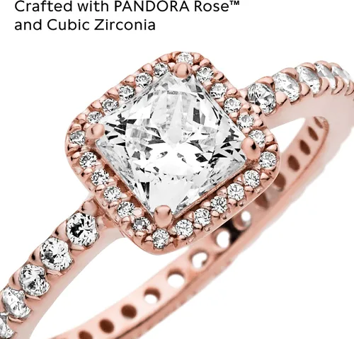 Vista 4 de PANDORA Anillo cuadrado de circonita cúbica con halo brillante en rosa