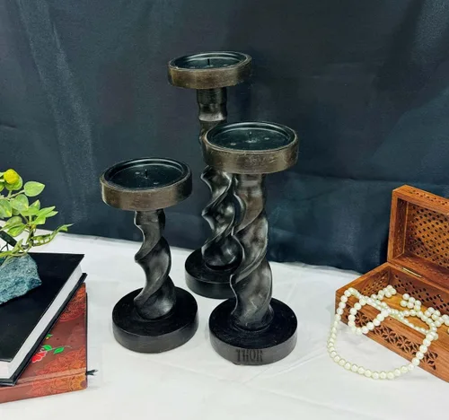 Vista 4 de Portavelas para candelabros, cono de madera, juego de 3 s para centro de mesa, portavelas rústico de granja para bodas, decoración del hogar, evento