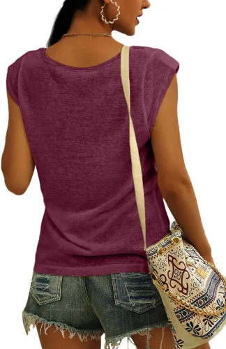 Vista 2 de Langwyqu Blusas de manga casquillo para mujer, estilo casual, holgadas, básicas, camisetas sin mangas