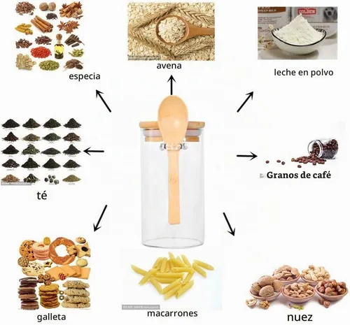 Vista 4 de Tarro de vidrio con tapa y cuchara de bambú, paquete de 8 recipientes de té de 10 onzas para té de hojas sueltas, recipientes de sal y azúcar