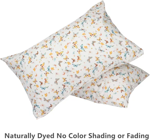 Vista 3 de Paquete de 2 fundas de almohada de cuerpo ultra suave, 100% algodón, estampado de mariposas, tamaño Queen
