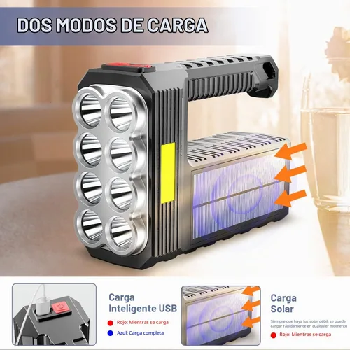 Vista 3 de Linterna Solar de 8 LED con Luz Lateral COB, 1000 Lúmenes Linternas Alimentadas por Energía Solar, Linternas de Mano Impermeables con Carga Solar