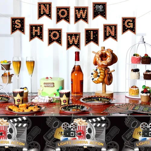 Vista 5 de Tiamon 171 piezas de suministros para fiesta nocturna de cine, incluye mantel de cine que se muestra ahora en pancarta, platos temáticos