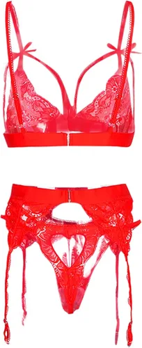 Vista 7 de Disfraces sexys para mujer, travieso, color sólido, lazo de encaje, corazón, hueco, traje de tres piezas, lencería cachonda