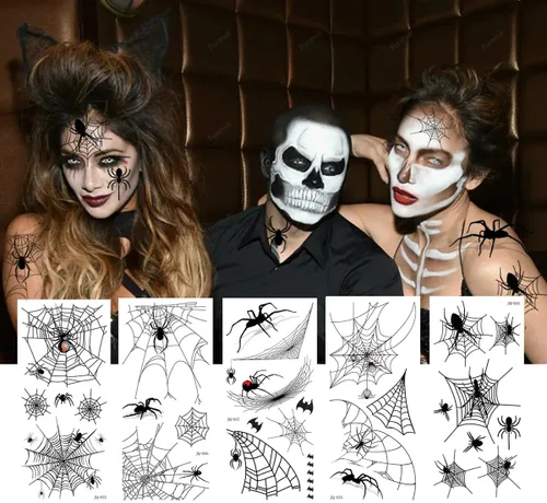 Vista 2 de 9 hojas de tatuajes temporales de telaraña 3D para Halloween, kit de maquillaje para mujeres y adultos, diseño realista de bruja murciélago zombi