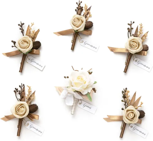 Vista 53 de Ling's Moment Boutonniere para Hombres Boda, Juego de 6, Novio y Padrinos Boutonniere para Boda Regreso a Casa Halloween Ceremonia Aniversario, Cena