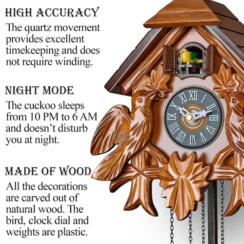 Vista 2 de TIMEGEAR Reloj de cuco con modo nocturno, movimiento de cuarzo y decoraciones de madera (marrón)