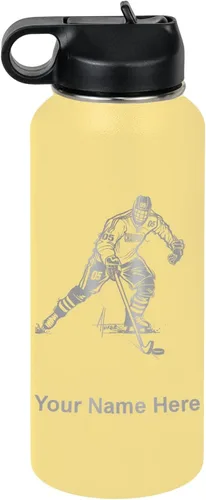 Vista 45 de LaserGram Botella de agua personalizada, jugador de hockey, acero inoxidable de doble pared aislada al vacío con popote superior, regalo grabado