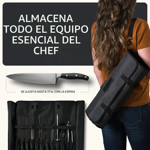 Vista 4 de Asaya Bolsa enrollable para cuchillos de chef, 20 bolsillos en total para cuchillos y utensilios de cocina, fabricada con nailon encerado resistente