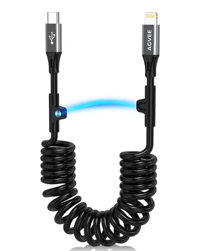 Vista 13 de AGVEE Cable de carga corto USB-C a Lightning en espiral de 1.5 pies [certificado MFI] Cable de carga rápida PD de 30 W en el automóvil para iPhone