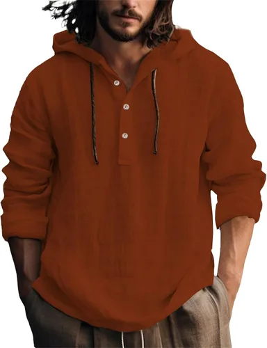 Vista 14 de Camisas de lino para hombre, ligeras, con botones, de manga larga, con capucha, ajuste regular, de algodón, para la playa