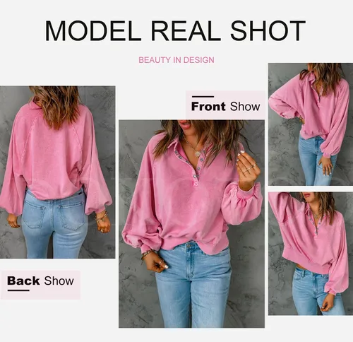 Vista 3 de Dokotoo Sudaderas de gran tamaño con cuello de botón para mujer, manga de farol, holgadas, para mujer