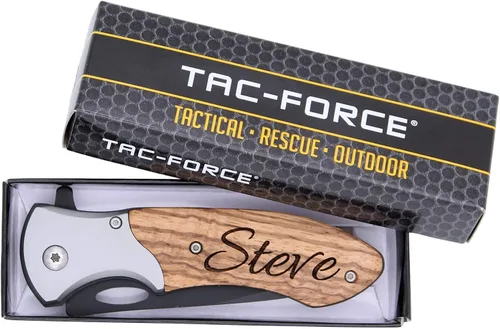 Vista 6 de Cuchillos de bolsillo grabados. Assisted Opening 3.25" Stainless Steel Blade, Personalized Real Wood Handle, Partially Serrated, Pocket Clip