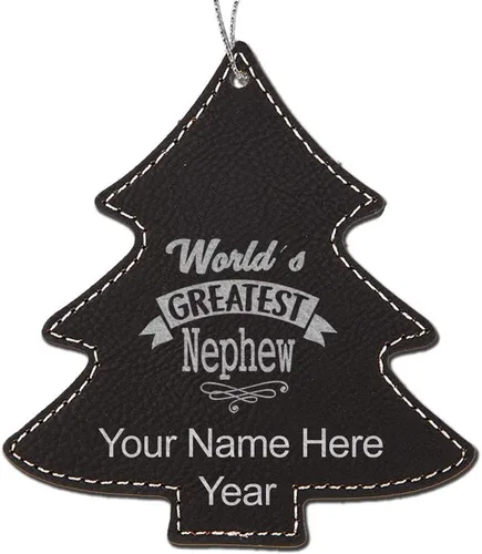 Vista 5 de LaserGram Adorno de Navidad personalizado, sobrino más grande del mundo, piel sintética, idea de regalo grabada con láser personalizado