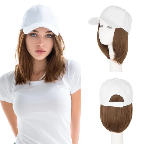 Vista 12 de S-noilite Peluca de gorra de béisbol de 6 pulgadas con peinado Bob y extensiones de cabello, gorra de béisbol recta ajustable para mujer