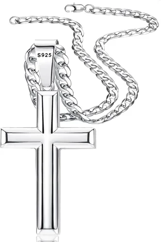 Vista 10 de BESTEEL - Colgante de cruz de plata 925, collar de cadena cubana de acero