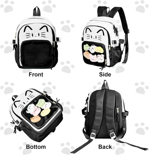 Vista 5 de Bolsa Kawaii Cat Ita, bolso con pines, bolsa con inserto, para uso diario y cosplay, nailon, Negro-blanco, Pequeño, Kawaii