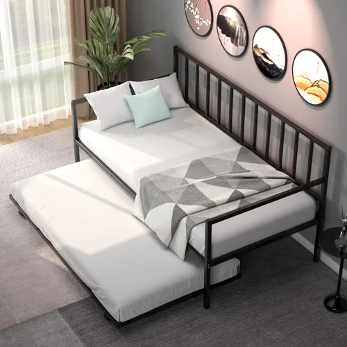 Vista 6 de Giantex Sofá cama individual con nido, sofá cama de metal tamaño individual con nido extraíble con 4 ruedas, sofá cama con soporte de listones