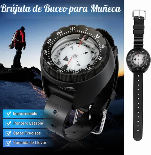 Vista 2 de Brújula de buceo, brújula de buceo profesional impermeable 5ATM con banda de TPU para deportes al aire libre, buceo, vela, senderismo, supervivencia
