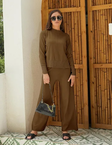 Vista 6 de Conjunto de 2 piezas para mujer, sudadera con cuello alto falso, pantalones de pierna ancha, conjuntos de ropa de descanso