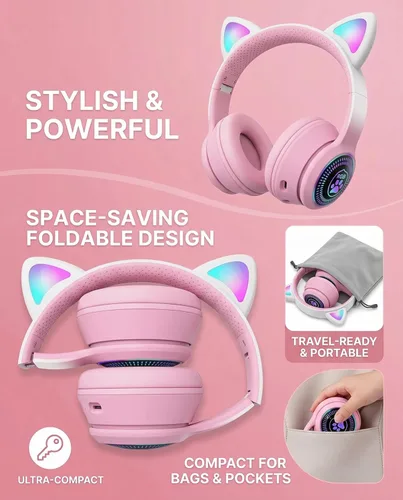 Vista 2 de Auriculares plegables inalámbricos Bluetooth 5.1 con luz LED, VIGROS estéreo, música, sonido envolvente con micrófono AUX para PC, pad, móvil