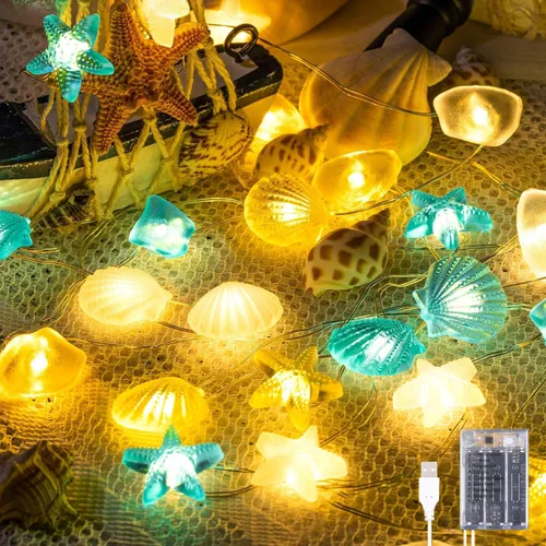 Vista 4 de Guirnalda de luces con temática oceánica, 30 luces LED de hadas de conchas de mar de 10 pies, 1 unidad 8 modos de iluminación, USB y batería