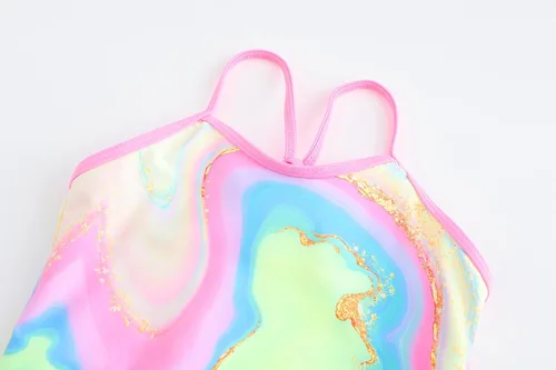 Vista 6 de Akokvlar Traje de baño de unicornio de una pieza de sirena para niñas pequeñas, conjunto de dos