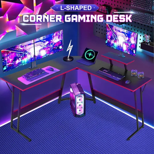 Vista 6 de NChanmar Escritorio para juegos en forma de L con soporte elevador para monitor, escritorio de esquina para oficina en casa para estudiar, trabajar