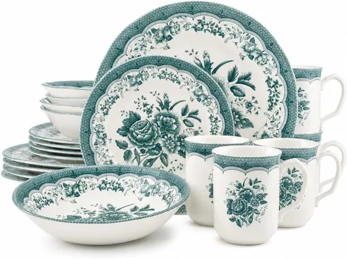 Vista 29 de Tudor Royal - Juego de vajilla redonda de porcelana de 12 piezas, servicio para 4, diseño botánico, flores de verano, platos, cuencos, brillante