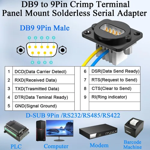 Vista 4 de QIANRENON DB9 Conector sin soldadura Conector compacto DB9 macho a 9 pines Terminal de crimpado Adaptador serie D-SUB 9Pin Cableado Enchufe