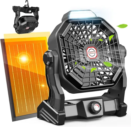 Vista 12 de Ventilador recargable con energía solar, (30 horas de funcionamiento) ventiladores de camping solares y linterna LED, ventilador portátil de 8