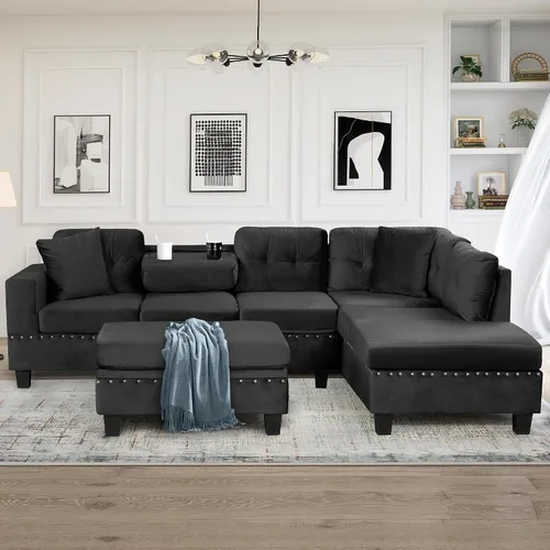 Vista 3 de P PURLOVE Sofá seccional con diván reversible y 2 almohadas (negro)