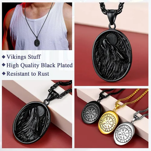Vista 4 de FaithHeart Collar con colgante de lobo vikingo nórdico para hombres y mujeres, acero inoxidable, chapado en oro de 18 quilates, joyería con embalaje