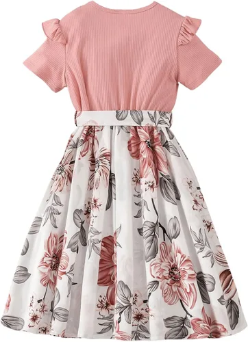 Vista 2 de OYOANGLE Vestido casual de verano para niña, vestido corto fruncido de manga corta con lazo y cinturón acampanado de cintura alta