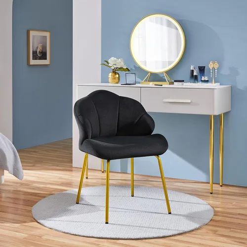 Vista 2 de Yaheetech Silla de tocador, silla decorativa de terciopelo con respaldo en forma de concha, sillón moderno con patas de metal dorado para Negro
