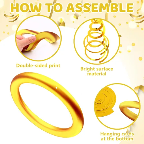 Vista 3 de Juego de 90 espirales colgantes de anillo dorado con tarjeta de papel de aluminio dorado para colgar, videojuegos, fiesta, serpentina de techo