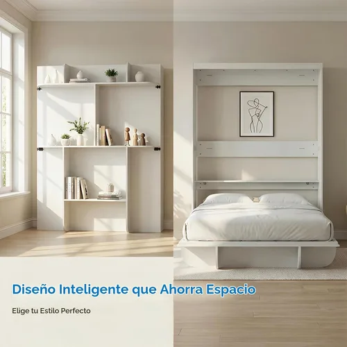Vista 3 de Mjkone Cama Murphy de pared tamaño Queen con estante de almacenamiento Blanco