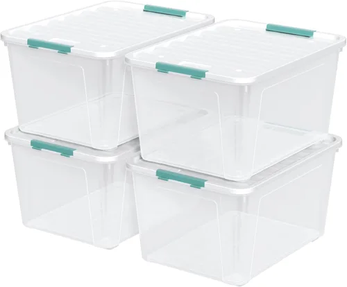 Vista 9 de Contenedores de almacenamiento de plástico transparente de 20 cuartos con tapa, 4 paquetes Bolsas apilables con cierre, cajas transparentes