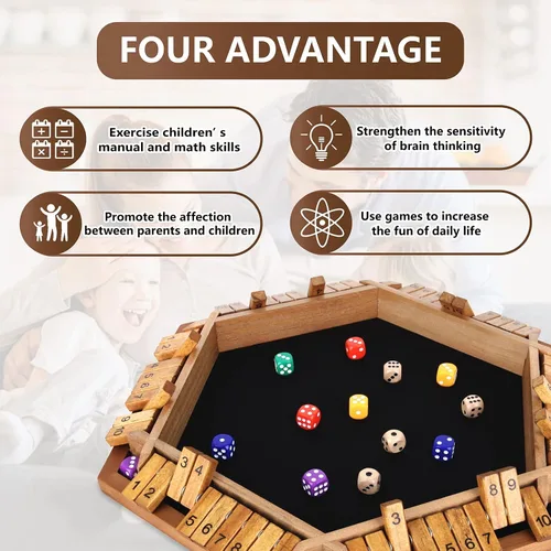 Vista 4 de Nicecho Juego de dados Shut The Box para 2 a 6 jugadores, mesa de madera con 16 dados, juegos clásicos de mesa para niños y adultos, familia, aula