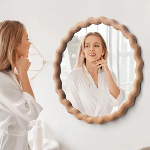 Vista 5 de Espejo de pared irregular, espejo redondo de madera, espejo de tocador único, espejo de baño moderno de madera natural de 18 pulgadas para baño