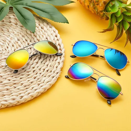 Vista 7 de 6 pares de lentes de sol de neón espejados para niños y niñas, lentes de sol polarizados con espejo de metal de los años 70 con marco de metal, gran