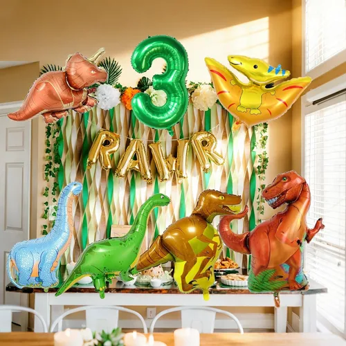 Vista 4 de Juego de 7 globos de dinosaurio, globos de número 3 de 40 pulgadas, 6 globos de dinosaurio, suministros de fiesta temática de dinosaurios