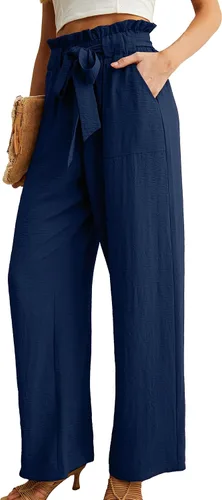 Vista 2 de IWOLLENCE - Pantalones de pierna ancha para mujer con bolsillos, cintura alta, nudo ajustable, holgados, casuales, para trabajo y negocios