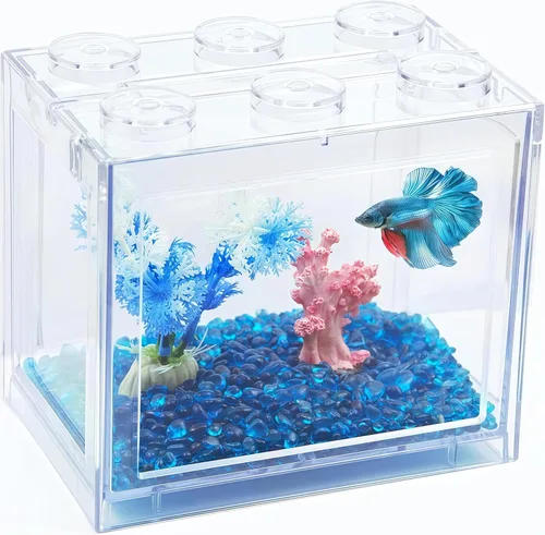 Vista 8 de Pequeño tanque de peces Betta, mini tanque apilable de pecera, kit de tanque de acuario rectangular de 3/5 galones con decoración de grava