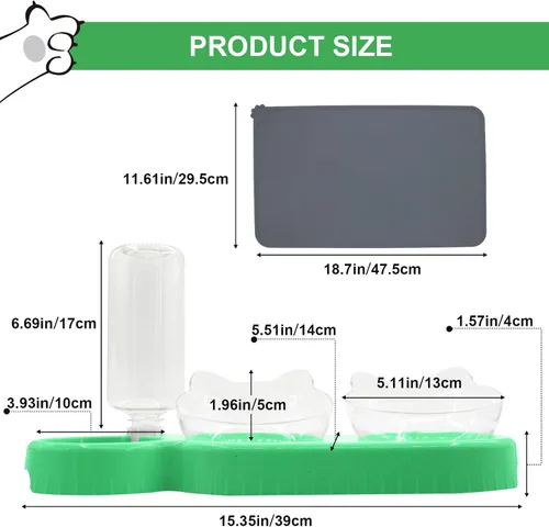 Vista 3 de Cuencos triples para gatos con dispensador de agua, juego de cuencos para agua y alimentos para mascotas con alfombrilla antideslizante, cuencos