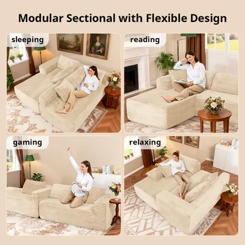 Vista 7 de COMHOMA - Sofá seccional modular de 105" con asiento profundo, sofá en forma de L tapizado en nube, brazos anchos, tela de corduroy, chaise lounge