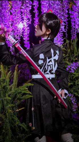 Vista 6 de iirukaa Tsuyuri Kanawo - Peluca de cosplay para Demon Slaye, anime Kimetsu no Yaiba, personajes de Halloween, pelucas de cosplay con gorra de peluca