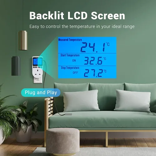 Vista 7 de Controlador de temperatura digital retroiluminado, pantalla LCD, termostato de refrigeración de calefacción, enchufe de salida con sensor regulador