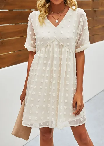 Vista 4 de KIRUNDO Vestido corto de manga corta de verano para mujer, vestido casual, suelto y con un cuello en V sexy, vestido holgado de punto suizo